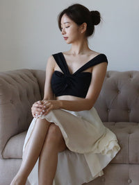 Two-shoulder Ribbon Low Waist Set (Black)